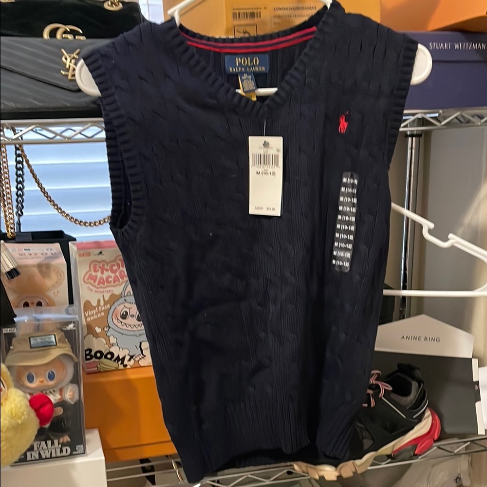 Ralph Lauren Navy Cable Knit Sleeveless Vest with Red Pony